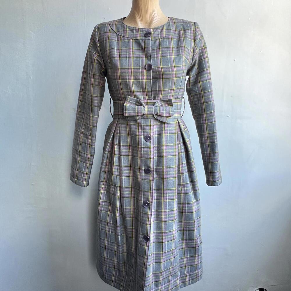 Vintage Women's XS Grey Pink Plaid Fall Trench Coat Bow Bowtie Coquette